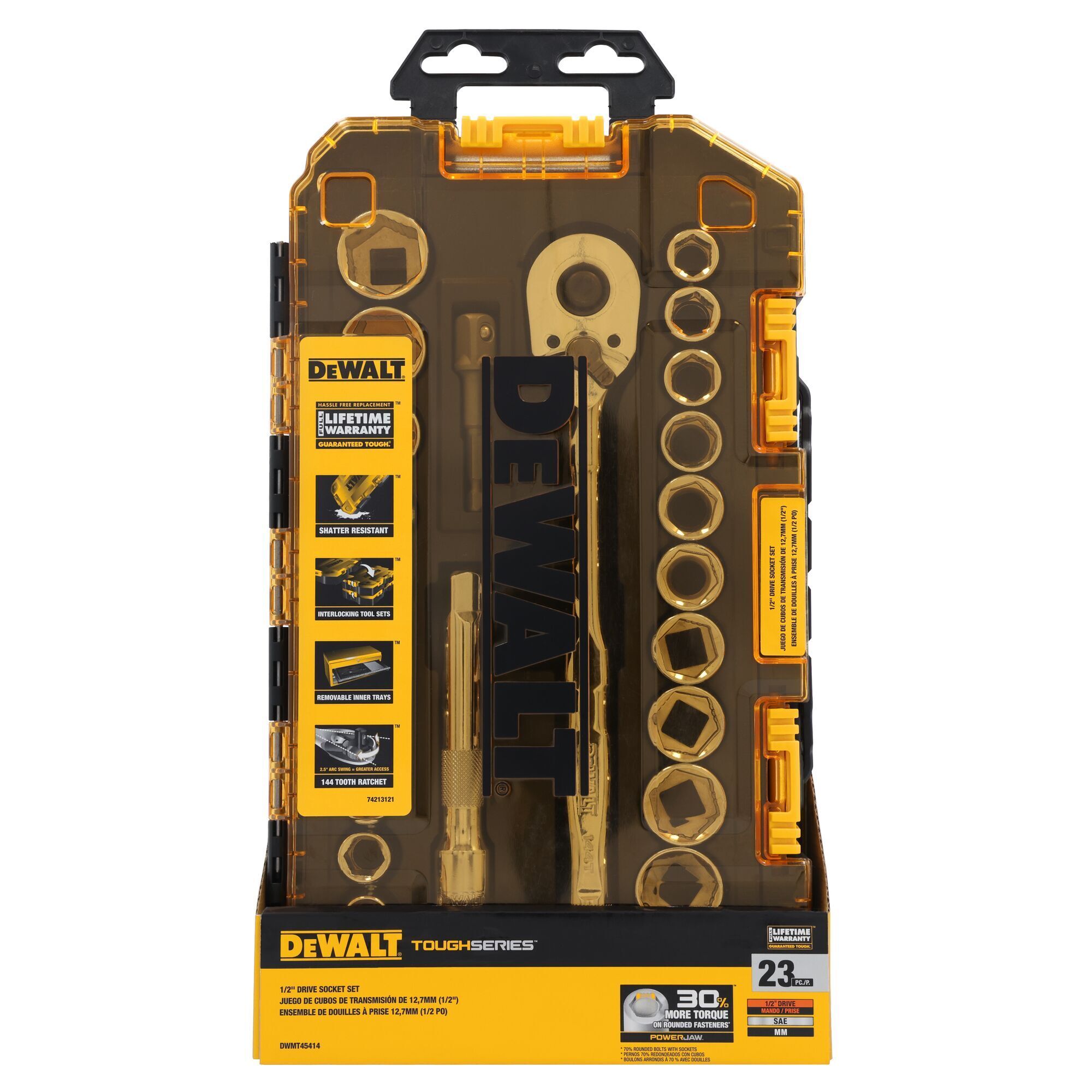 DEWALT, 23 pc. TOUGH BOX 1/2in. Drive Mechanics Tool Set, Pieces (qty.) 23 Model# DWMT45414